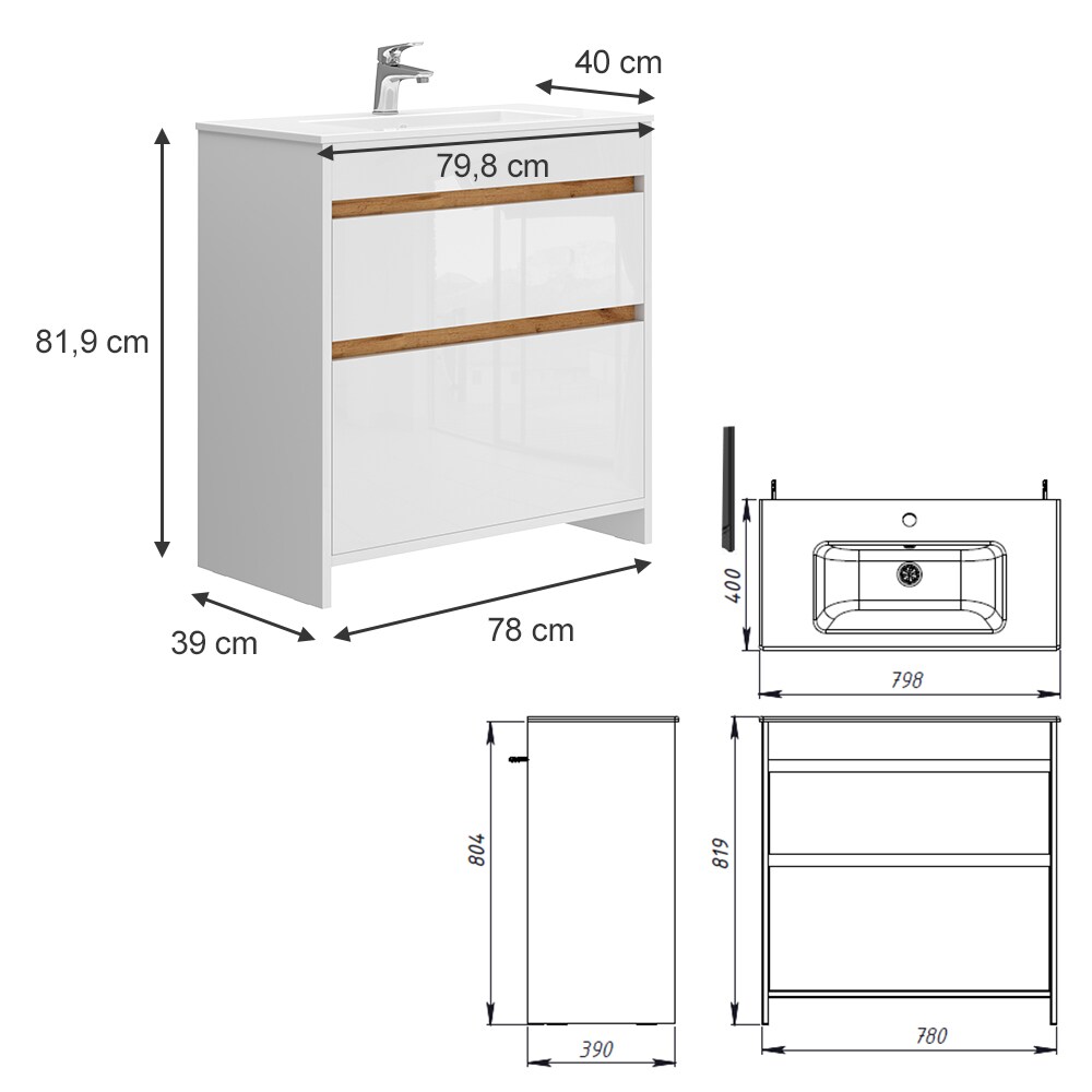 Vicco Waschbecken mit Unterschrank Detmold 80 cm breit, Waschtisch stehend Weiß