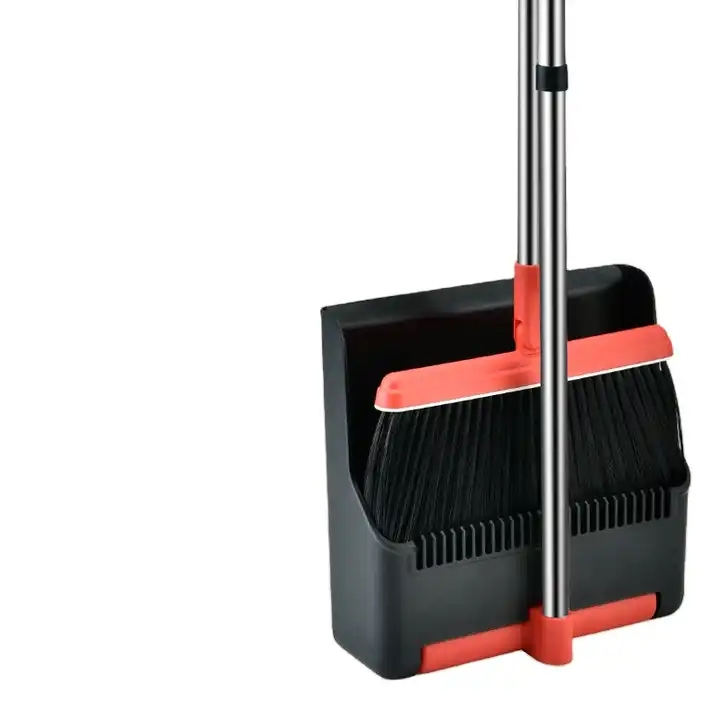 (2-tlg. Set) Teleskop Besen mit Stand Kehrschaufel Haushalt Reinigungs Hilfe - Schwarz / Rot