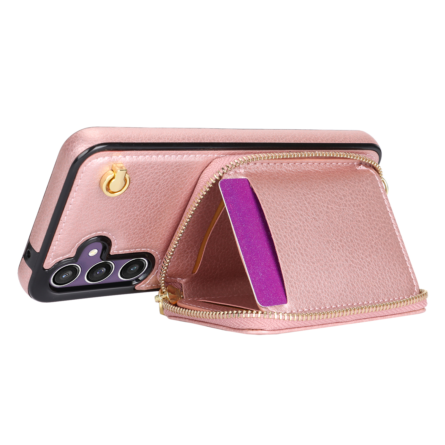 Samsung Galaxy S25 FE Necklace Leder Schutz Hülle mit Kartenfächer   Handykette (140cm) - Roségold