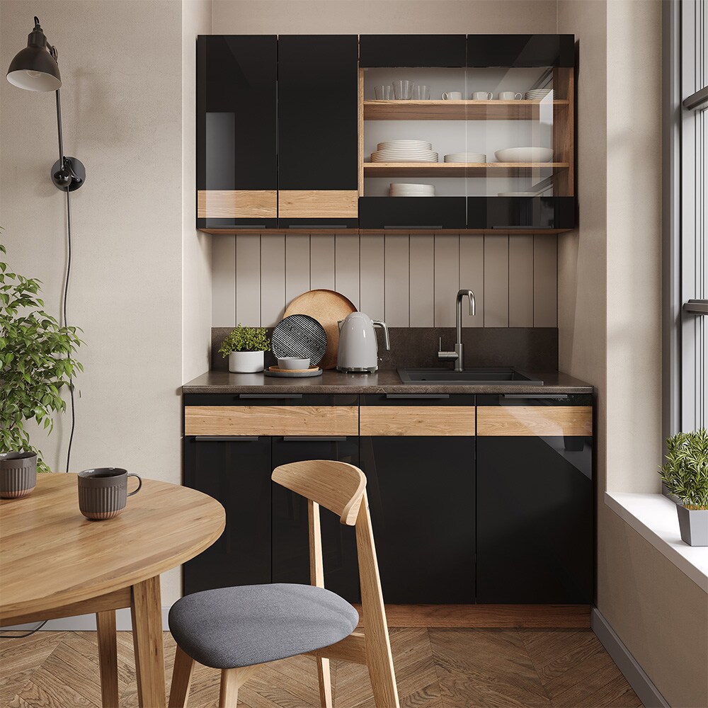 Vicco Küchenzeile Küchenblock Einbauküche Fame-Line Eiche Schwarz 140 cm modern Hochglanz Küchenschränke Küchenmöbel