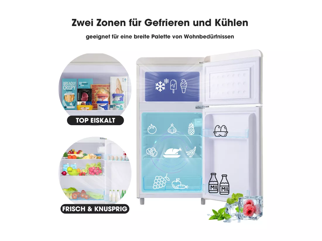 Réfrigérateur rétro, réfrigérateur à double porte supérieure et inférieure, volume total de 72 litres, avec volume de congélation de 21 litres, 120 kWh/an, éclairage LED