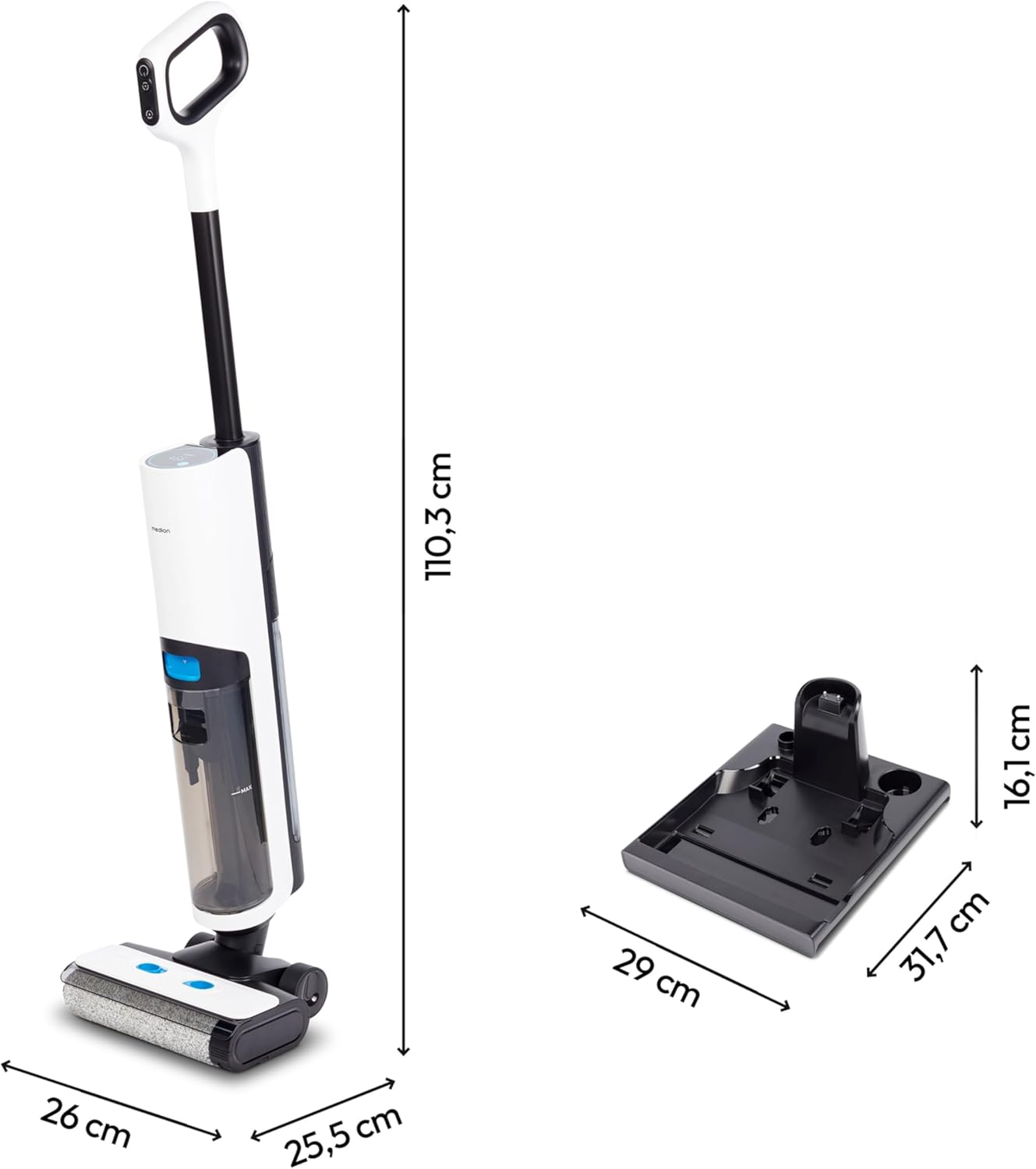 MEDION Saugwischer H20 (Nasssauger kabellos, Akku mit bis zu 30 Min Laufzeit, Bodenwischer elektrisch für Hartböden, getrennter Frischwasser und Schmutzwassertank, Selbstreinigungsfunktion)