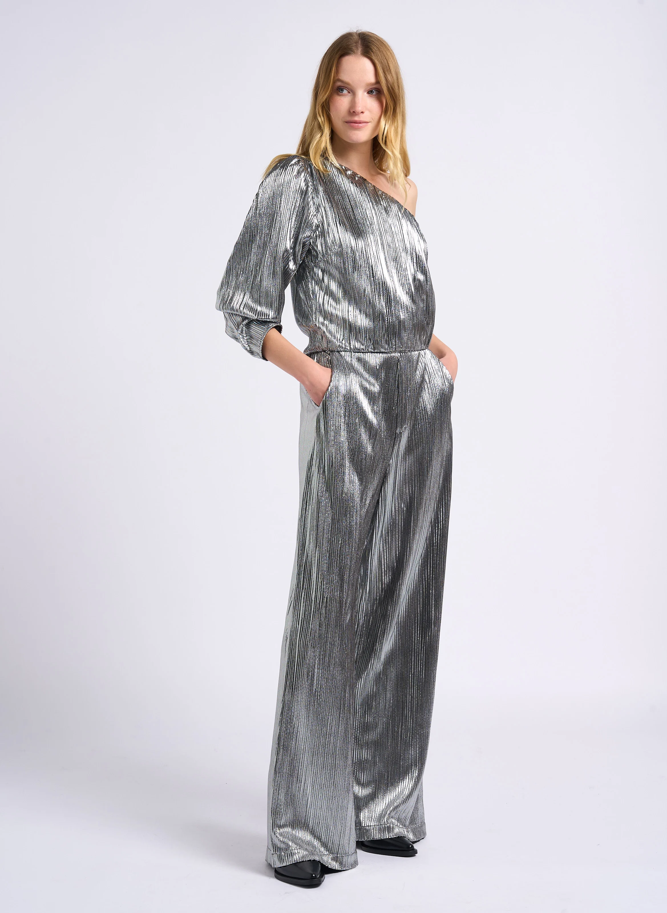 JILL - Pantalon large taille haute plissé | Gris