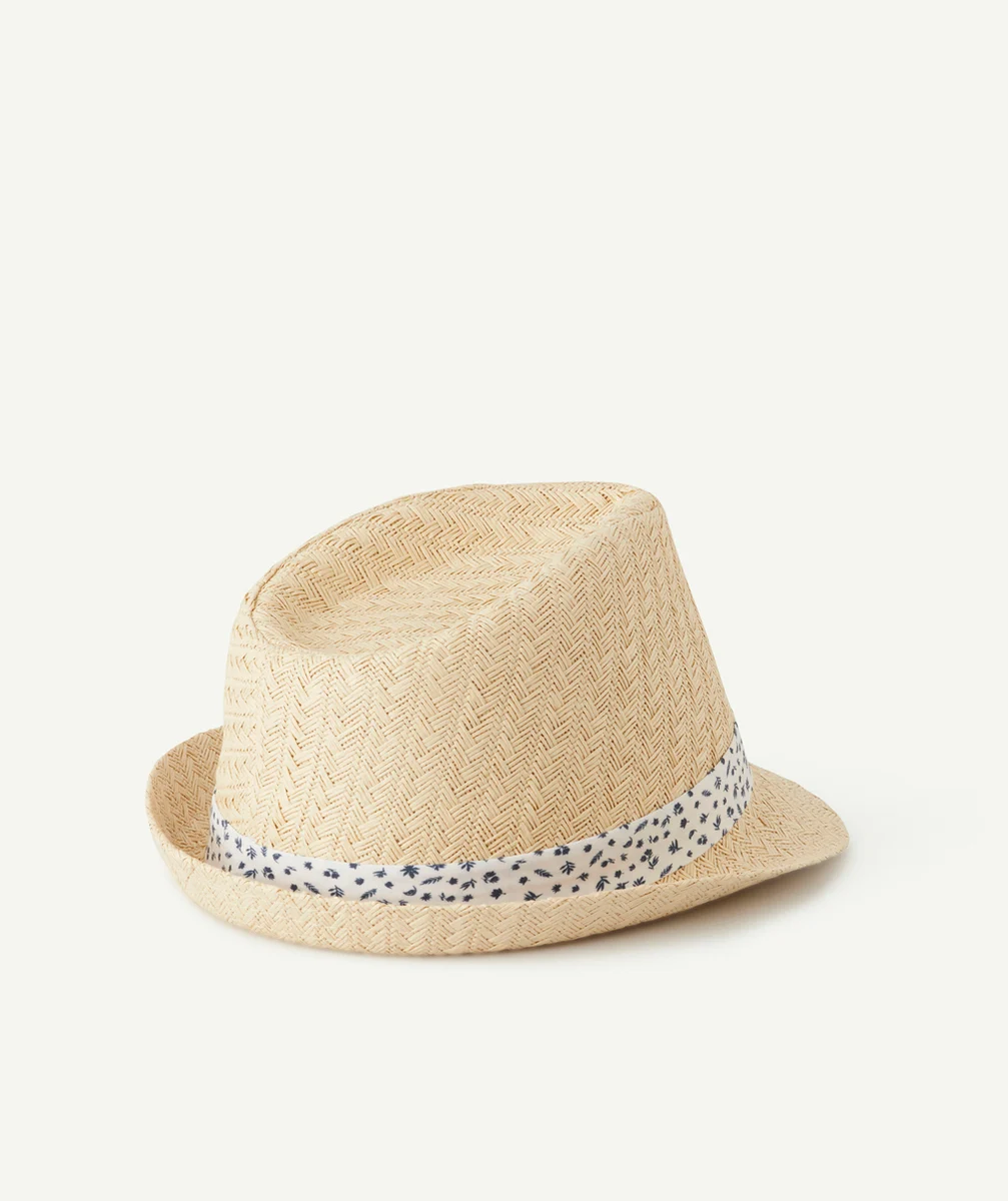 chapeau de paille garçon avec ruban imprimé feuilles