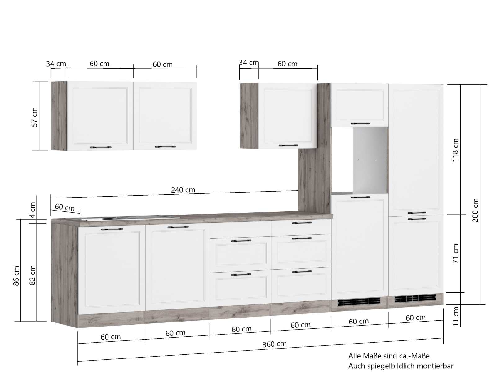 Küchenzeile MERAN - weiß - Wotaneiche - 360 cm
