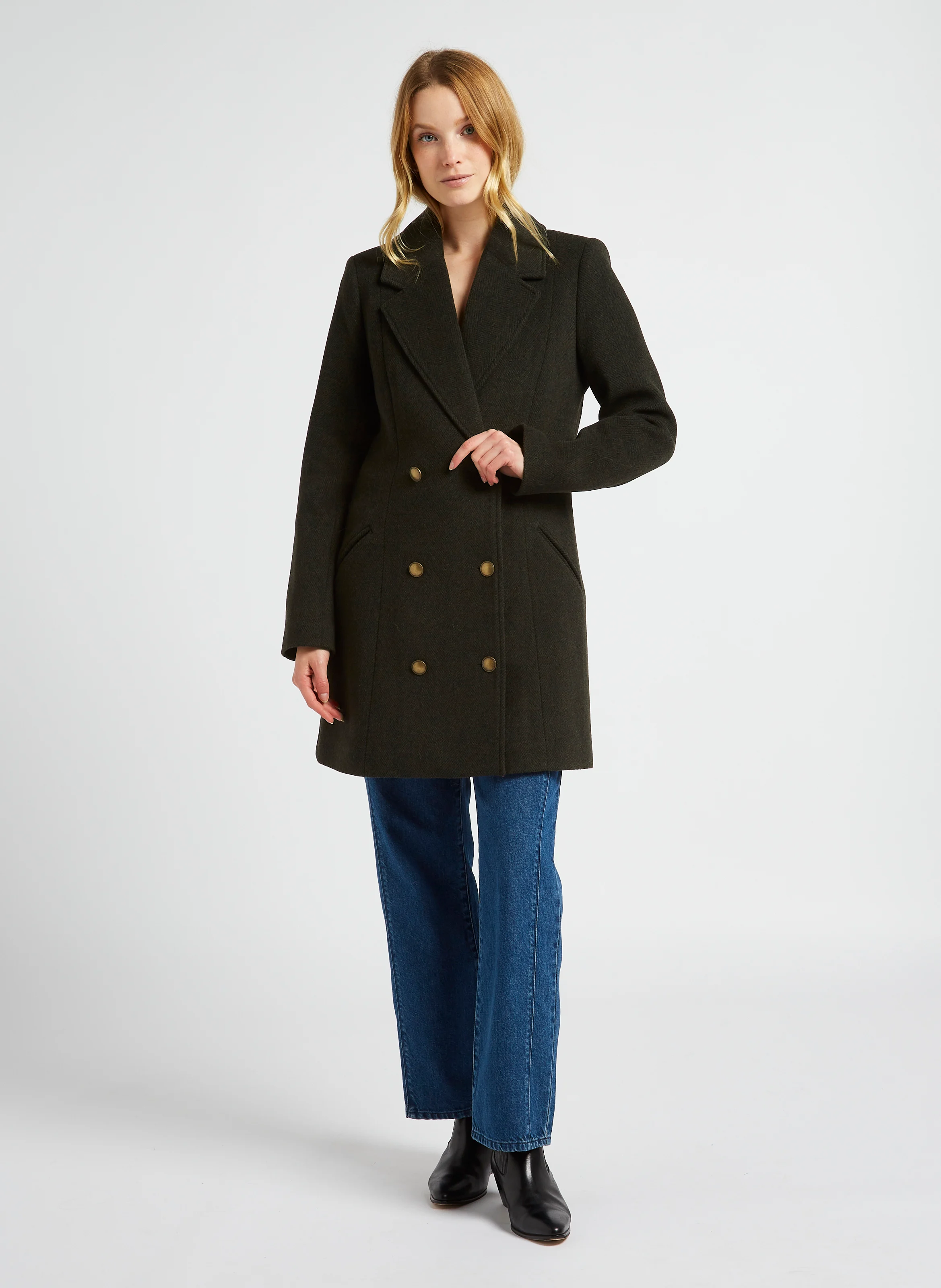 DIMA - Manteau droit col tailleur en laine mélangée | Kaki