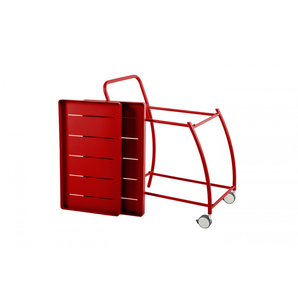 Desserte de jardin inari 2 niveaux en aluminium avec plateaux amovibles et 4 roulettes rouge piment - 80x50xh88cm