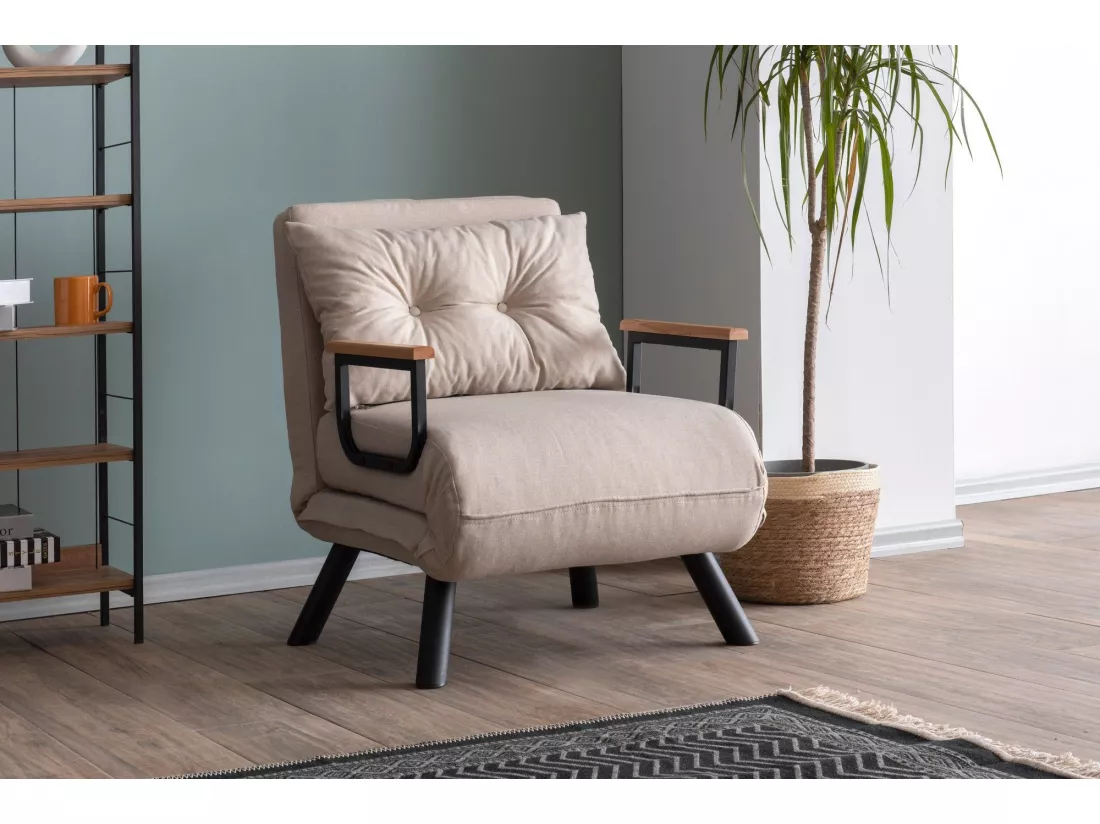 Fauteuil convertible Yolanda Métal Noir et Tissu Blanc crème