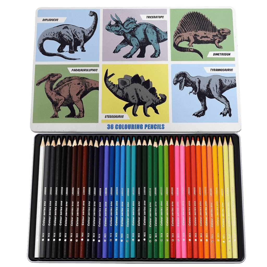 Boite de 36 crayons de couleurs motifs dinosaures Rex London