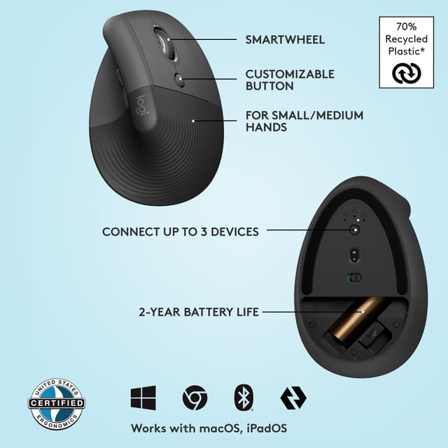 Logitech Lift Vertical trådløs mus (graphite)