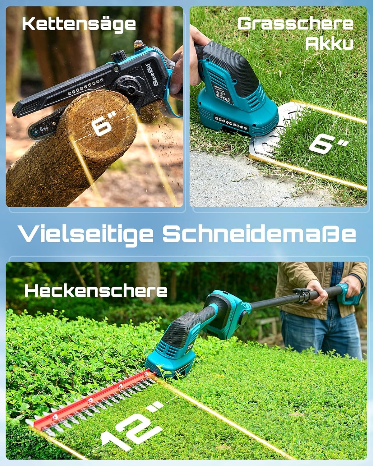 SEESII 6-in-1 Mini Kettensäge & Akku Heckenschere Set, Hochentaster mit 2 * 4000mAh Akkus, Maximale Reichweite bis zu 4,57m, Geeignet für Gartenpflege und zum Holzfällen