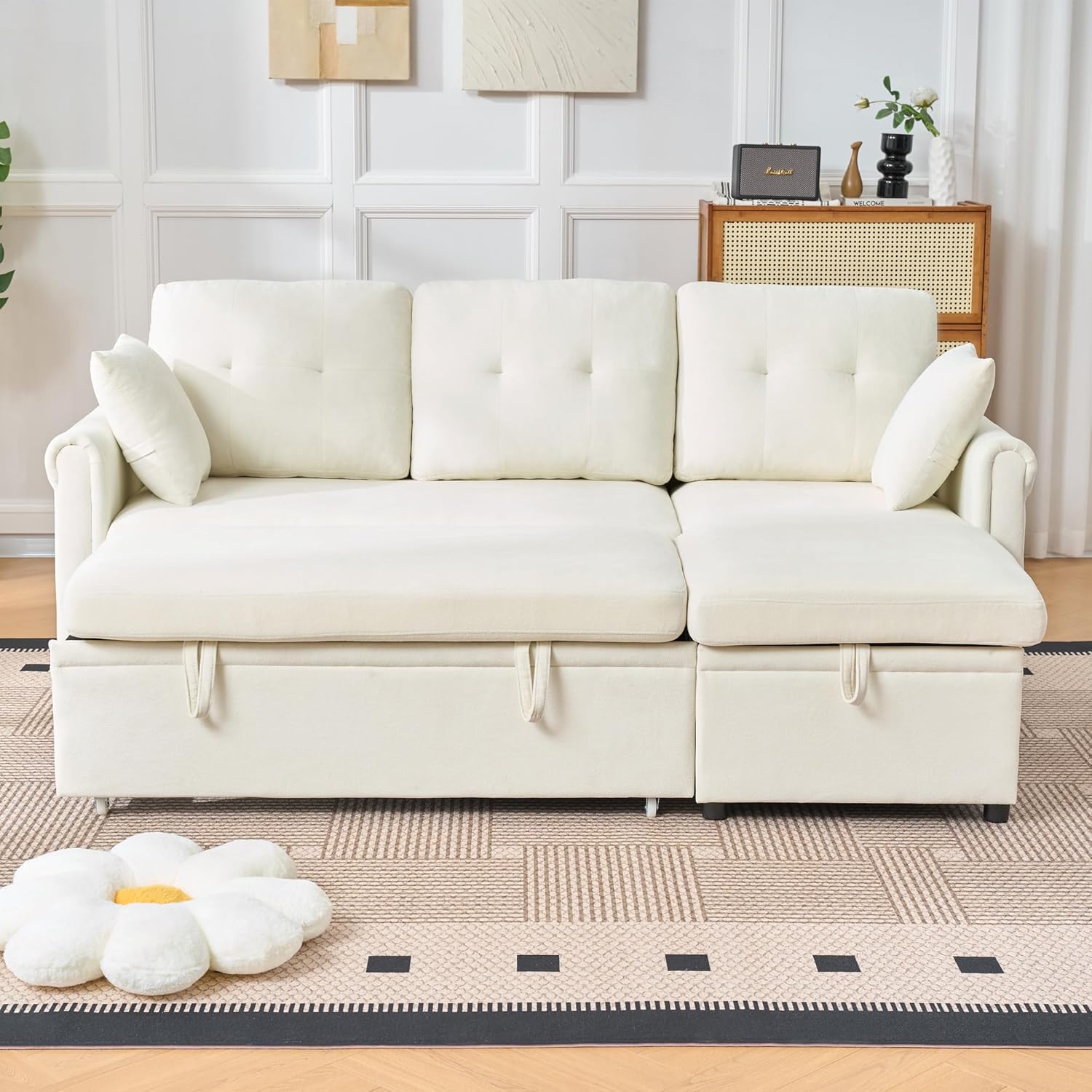 Merax Sofa Ecksofa mit Schlaffunktion, Praktisches Schlafsofa mit Bettkasten, L-Form Schlafcouch mit Stauraum&Seitentaschen, Links und Rechts austauschbar, Chenille, für Wohnzimmer/Schlafzimmer, Beige