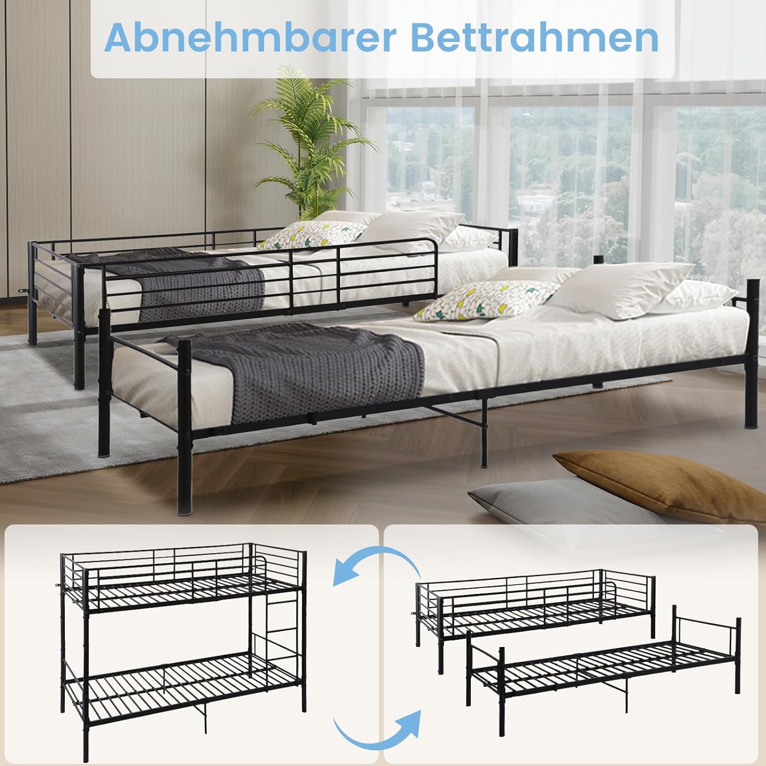 Etagenbett 90x200cm mit Lattenrost, Kinderbett mit Leiter und Rausfallschutz, Hochbett Stockbett - Schwarz