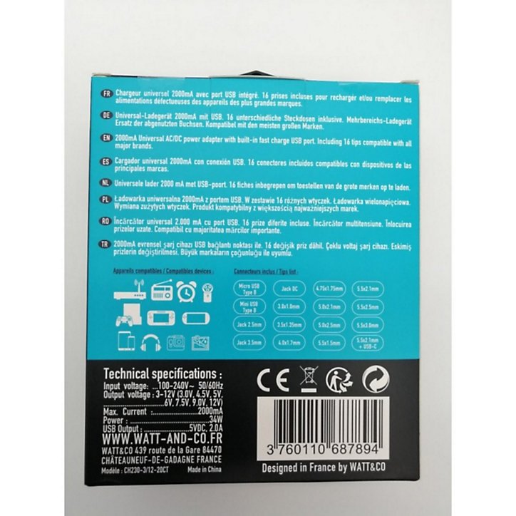 Chargeur universel Watt&Co 2000mA 16 connecteurs + USB