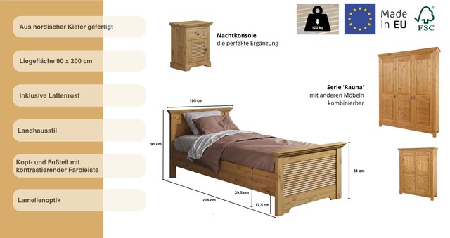 Home affaire Bett »Rauna, Landhausstil, edles Design mit Lamellen und Kassetten, 2 Farben« Breite/Belastbarkeit 180cm=220 KG, 90cm=120KG,  FSC® zertifiziertes Kieferholz, massive Qualität mit Lattenrost
