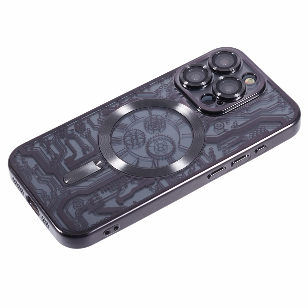 iPhone 15 Pro MagSafe Gummi Case Hülle Galvanisierter Rahmen im Mechanischen Zahnrad Design   Kameraglasschutz - Schwarz