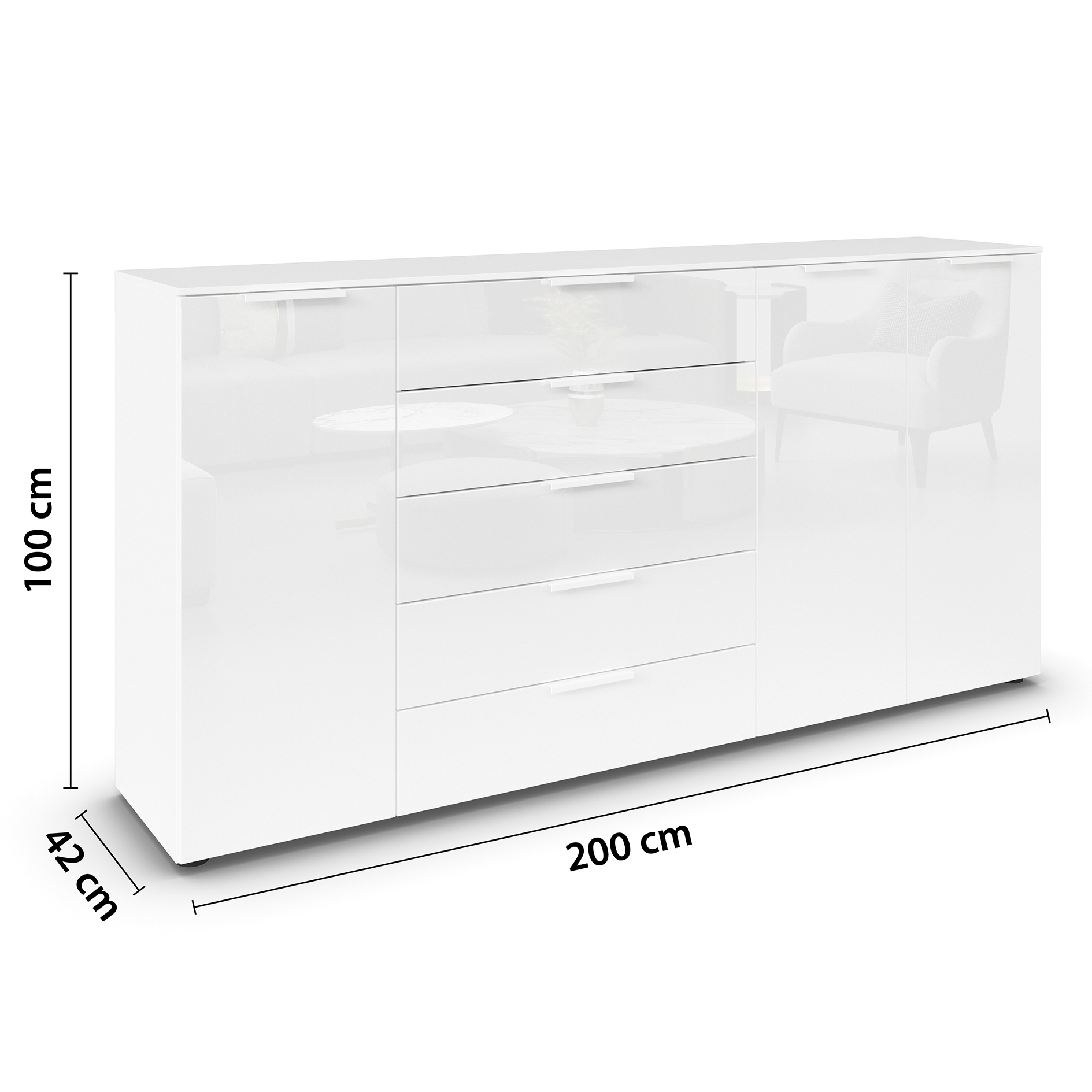 Kommode - alpinweiß-Kristallweißglas - weiße Griffe - 199 cm