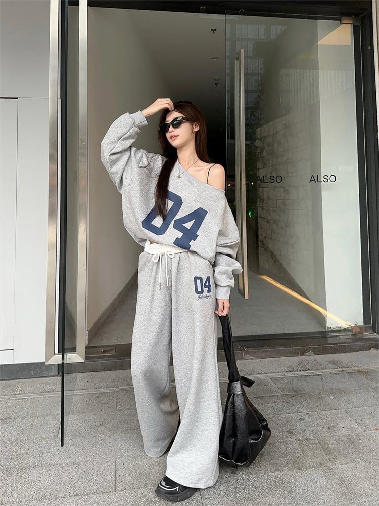 satierra - Off Shoulder Numbering Pullover / High Waist Wide Leg Sweatpants