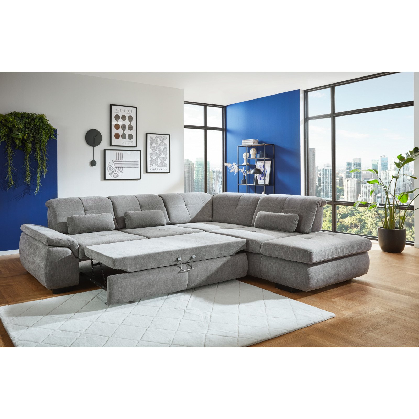 Ecksofa Paderborn Stoff grau, mit Funktionen, Ottomane rechts