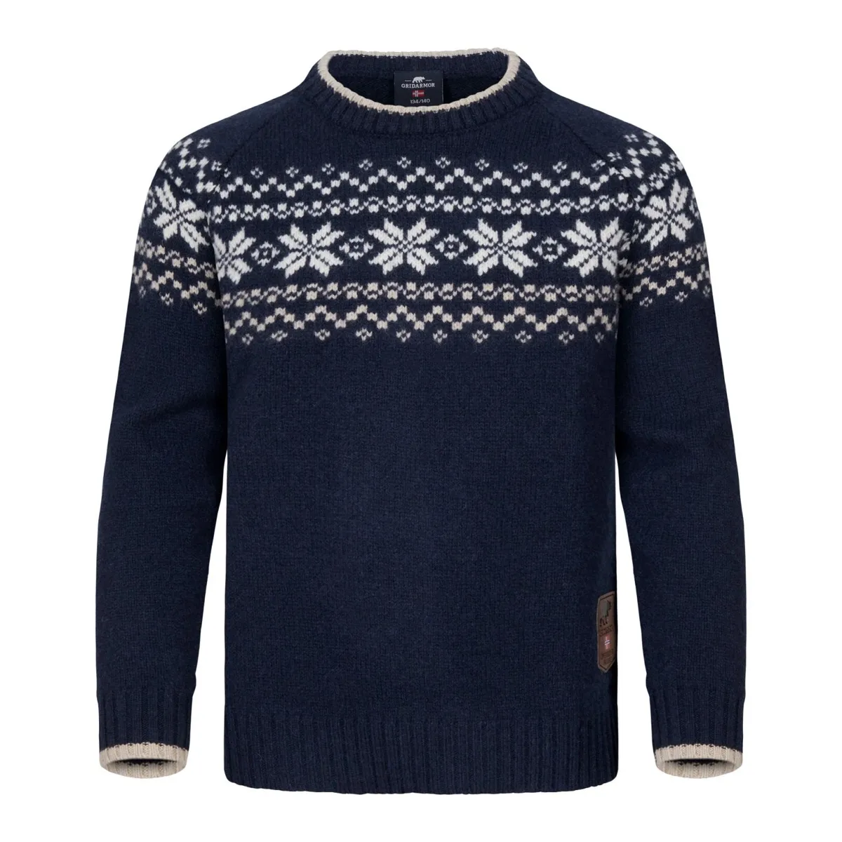 Gridarmor Kids' Snøkrystall Round Neck Ullgenser Navy/White/Beige