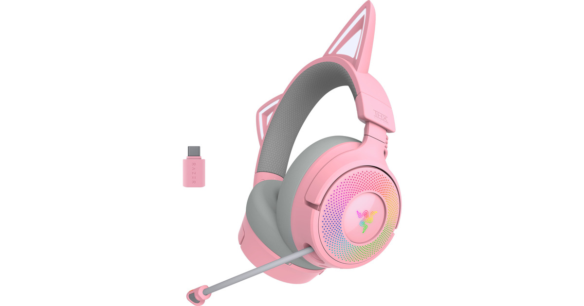 RazerKraken Kitty V3 Pro Quartz over-ear gaming headset  (Roze/grijs, RGB, 2.4 GHz / Bluetooth / USB)