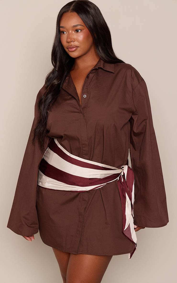 Marron Robe Chemise Grande Taille En Popeline Avec Détail Ceinture Foulard