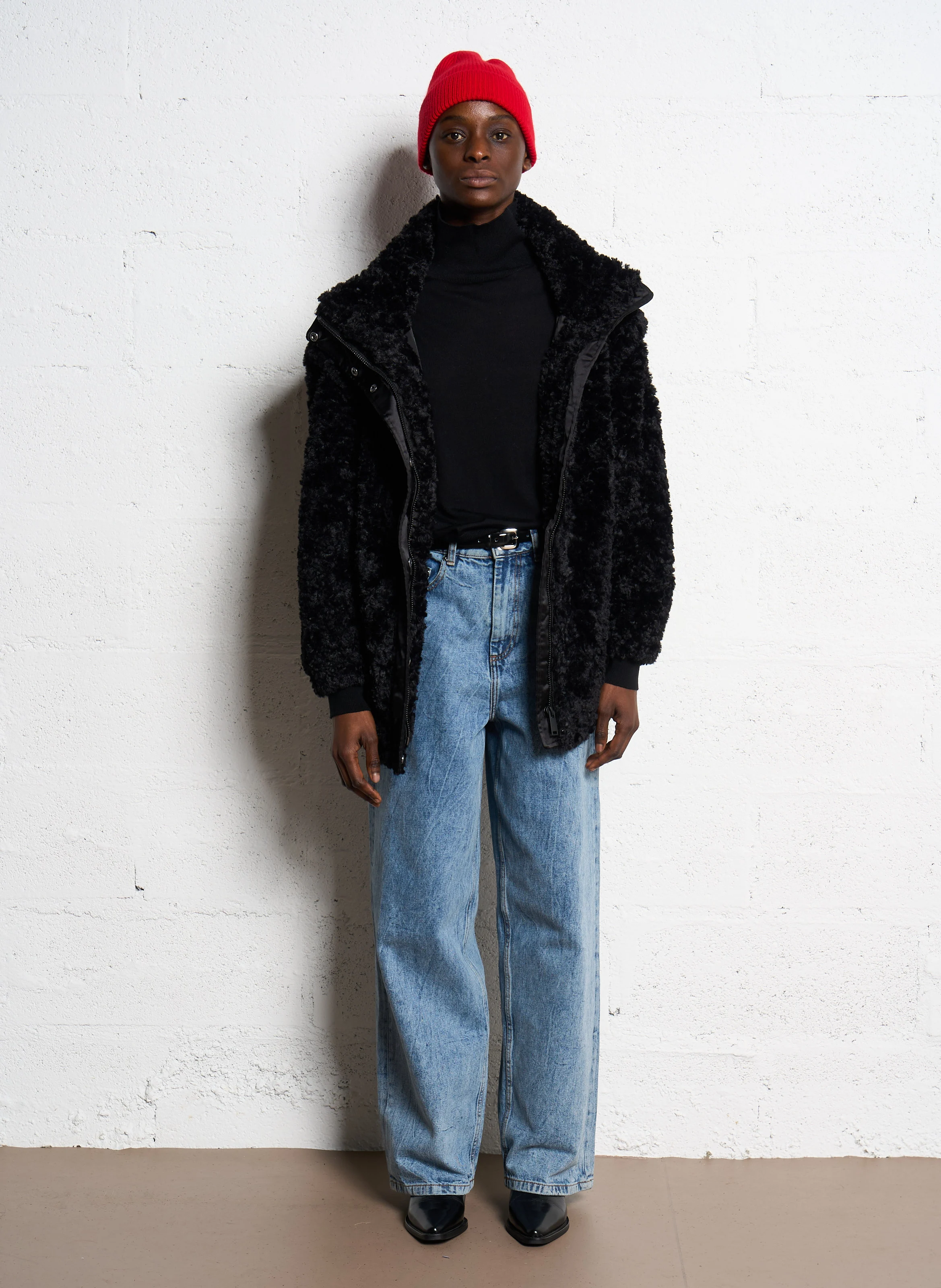 Manteau droit en sherpa | Noir