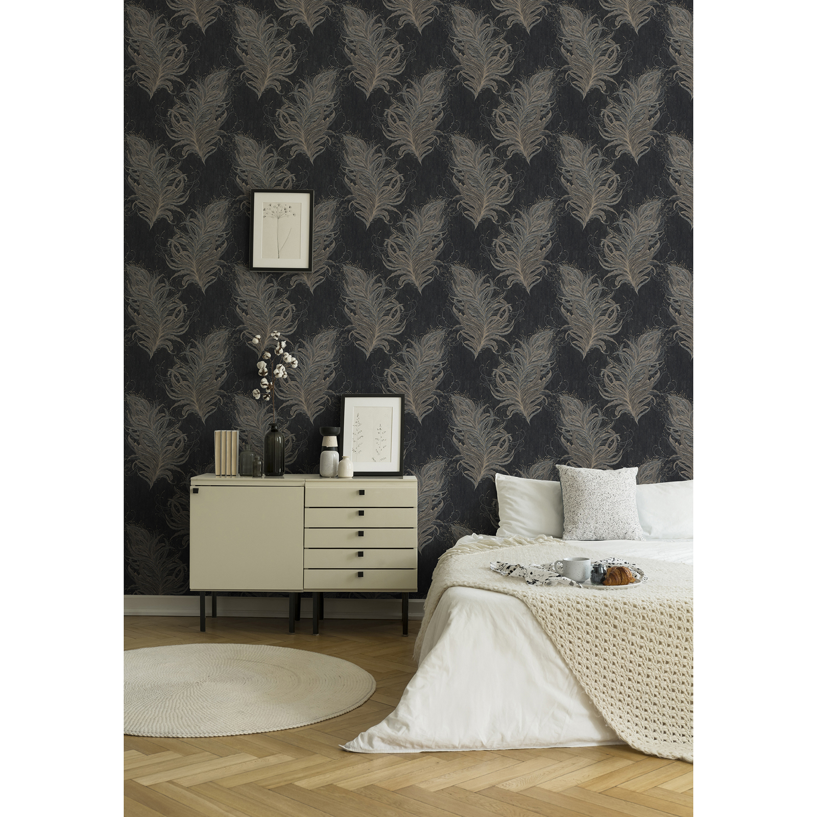 Vliestapete - schwarz metallic-gold - Federn - 10 Meter