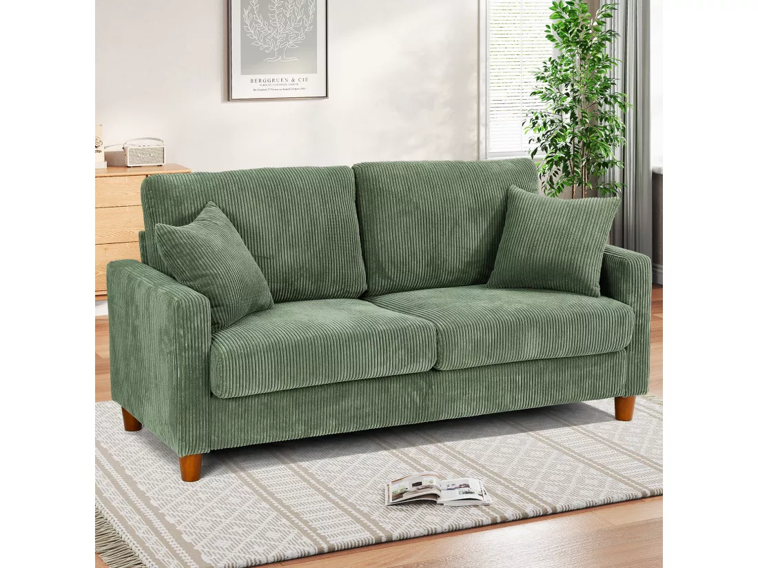 Canapé en Velours Côtelé 2 Places,Grand Canapé Droit Rembourré Moderne avec Sièges extra profonds de 56cm - 2 Coussins - 178x76x89cm - Vert