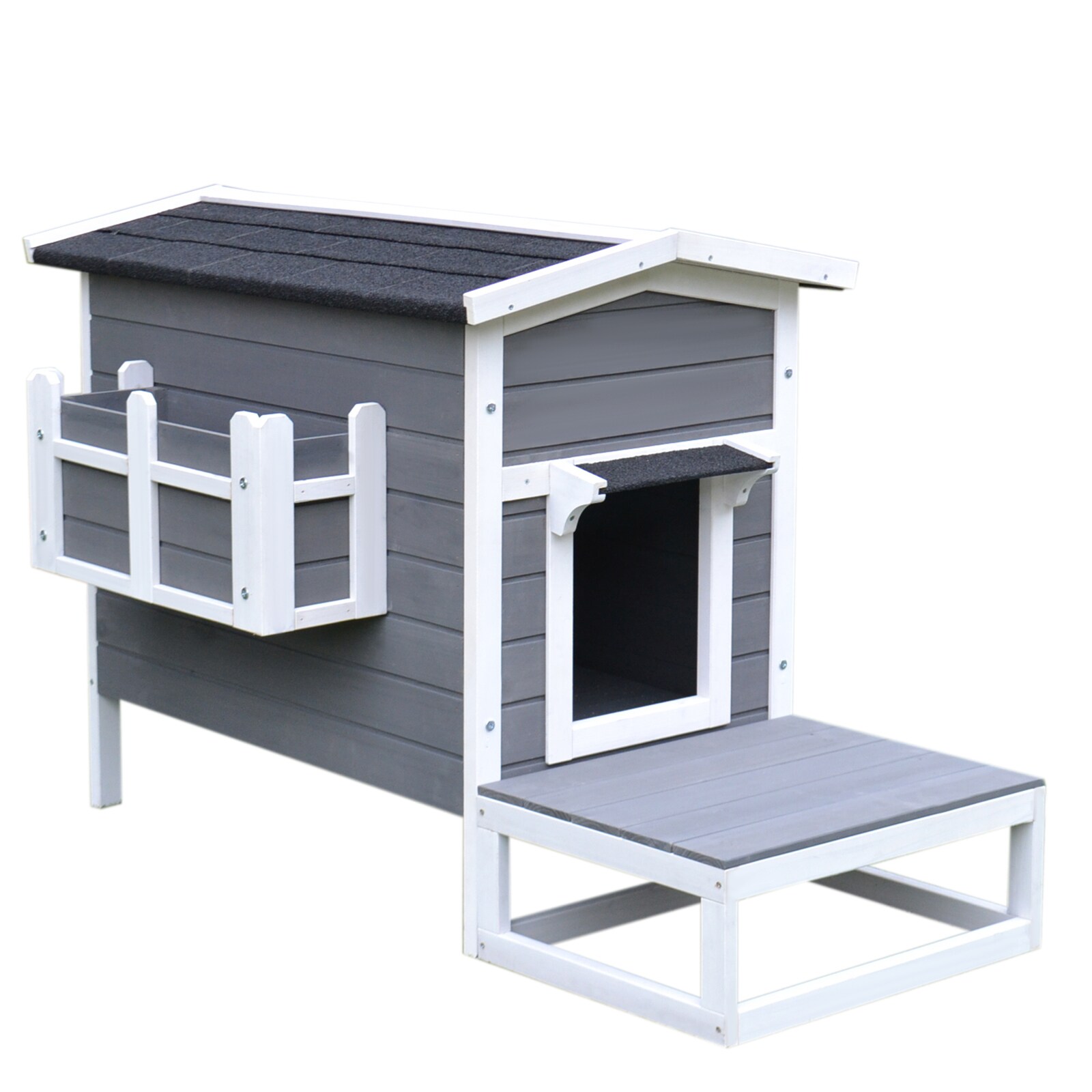 PawHut Katzenhaus mit Terrasse und Balkon grau, weiß 115 x 66,5 x 74,7 cm (LxBxH)