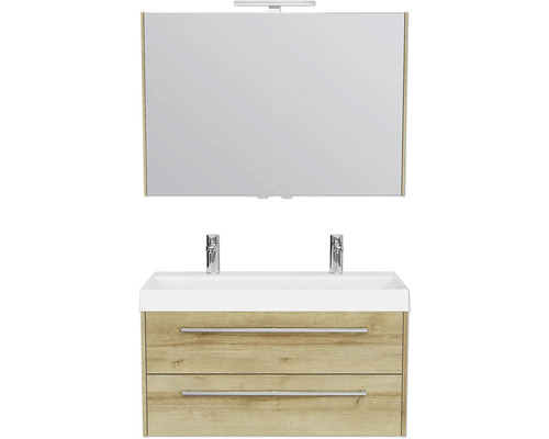 Badkamermeubelset Pelipal Milano (B x H x D): 100 x 200 x 45 cm, frontkleur: Riviera eiken, met dubbele wastafel in wit gegoten mineraal (SET-138-047)
