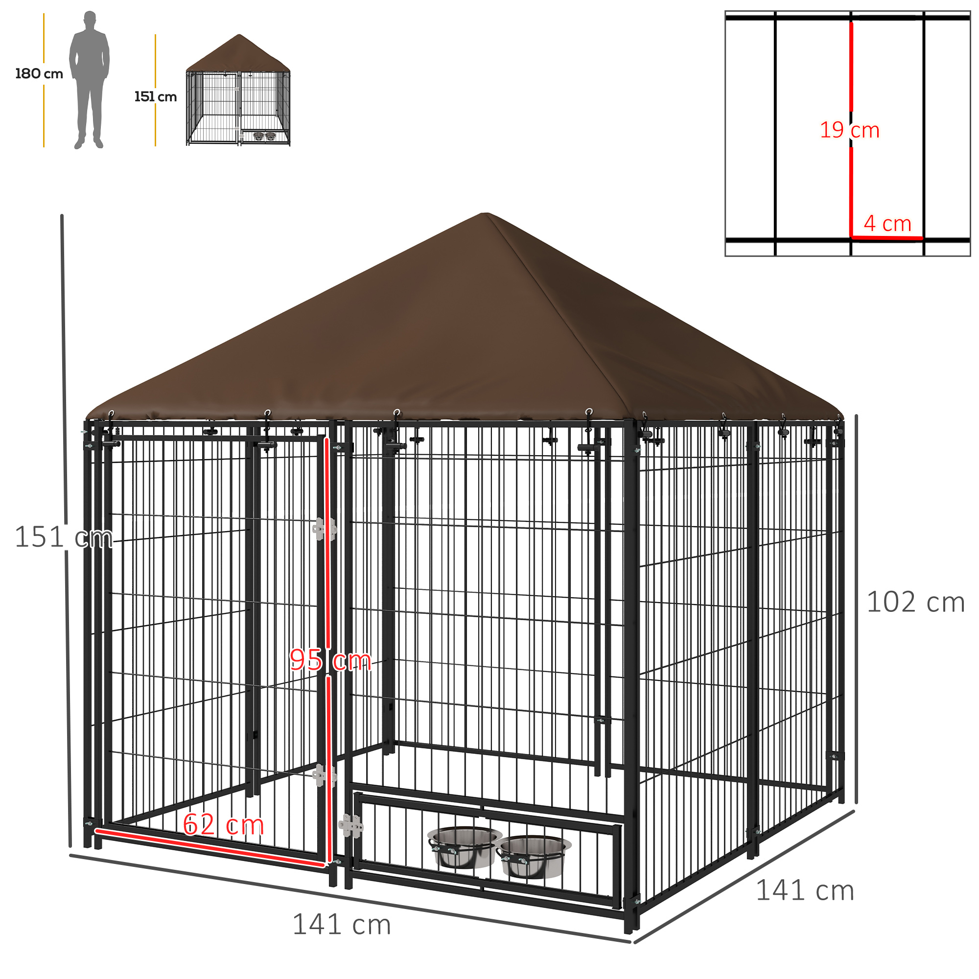 Canil PawHut com cobertura, cercado metálico para cães com suporte giratório para comida e 2 comedouros para pátio, jardim e terraço, 141x141x151 cm, preto