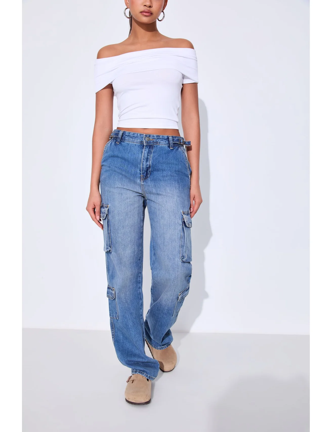 Jean cargo taille haute bleu