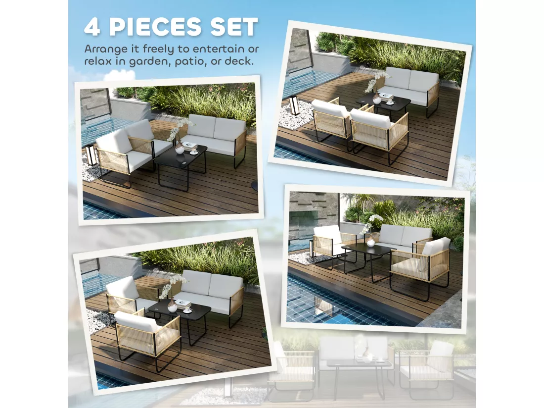 Salon de jardin 4 personnes 4 pièces style colonial acier noir résine filaire naturel
