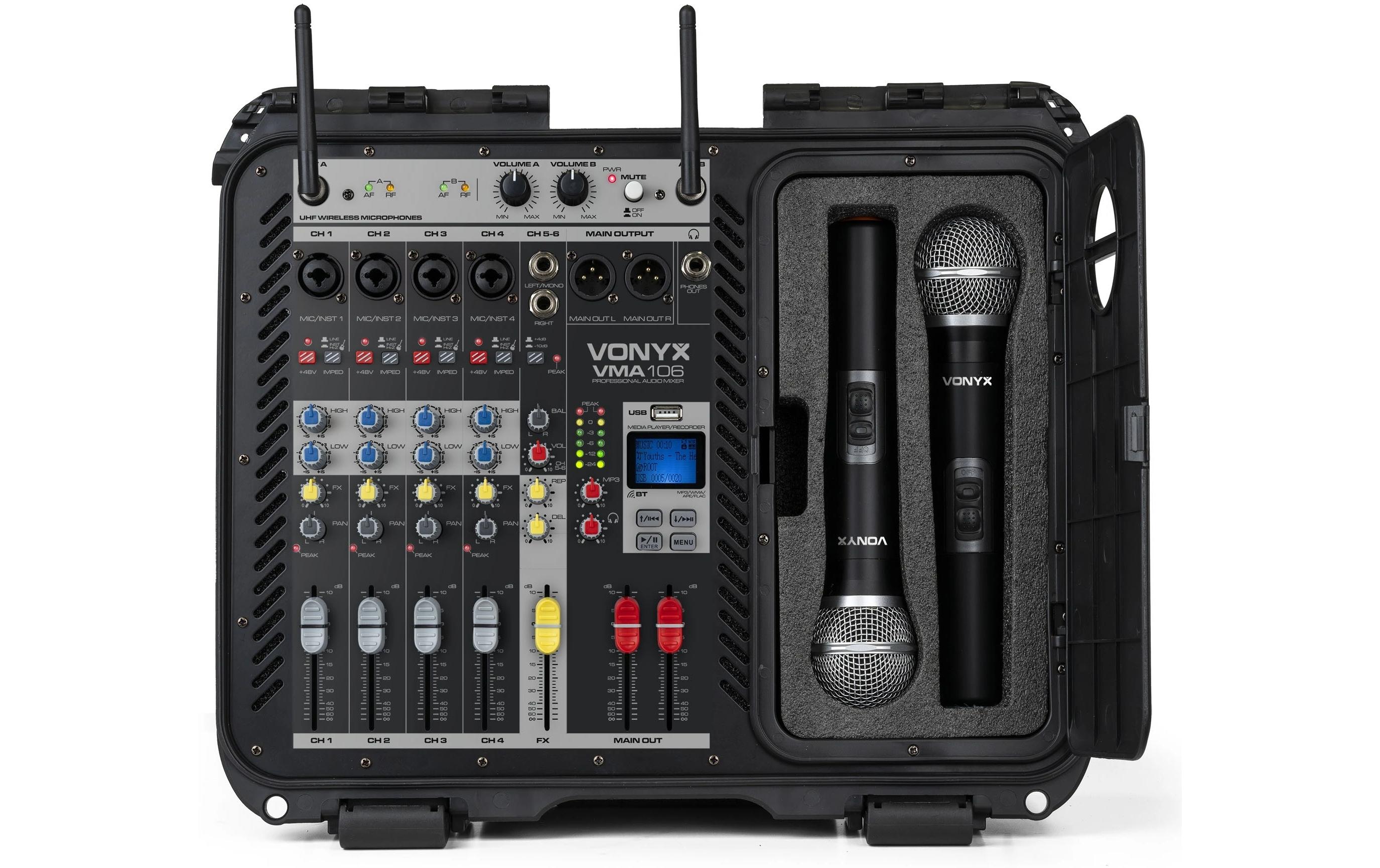 Mischpult VMA106<br>Powermixer im ABS-Gehäuse mit 2 UHF-Funkmikrofonen