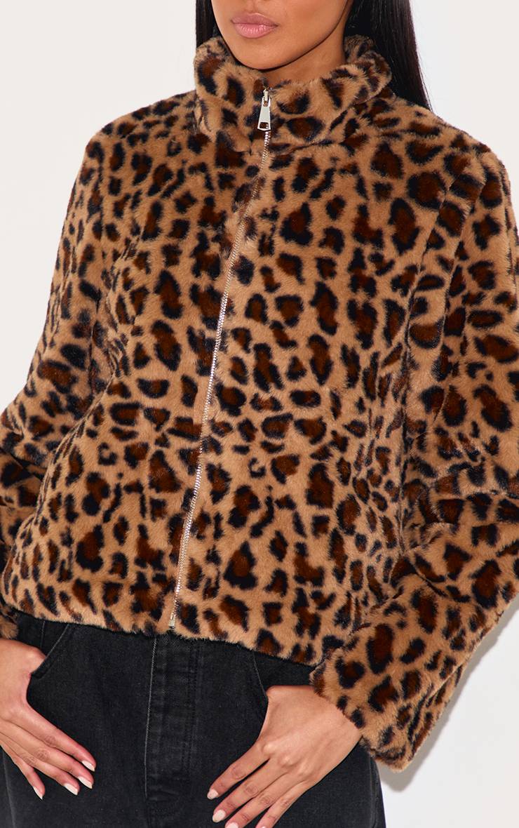 Marron Veste Polaire À Imprimé Léopard Avec Fermeture Éclair