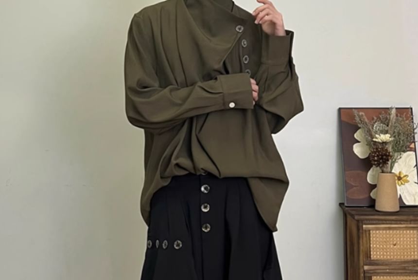 JUN.LEE - Hoge taille effen asymmetrische wijde broek / Oversized overhemd met lange mouwen