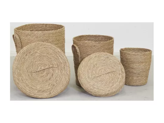 Lot 2 coffres + 1 poubelle en jonc naturel