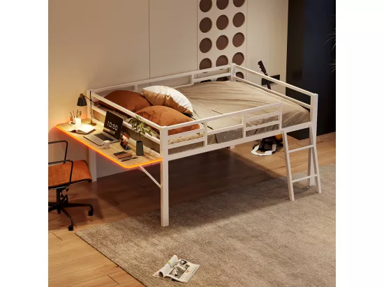 Lit plat en métal 140 x 200 cm, rails, échelle, bureau, bande LED à distance, blanc