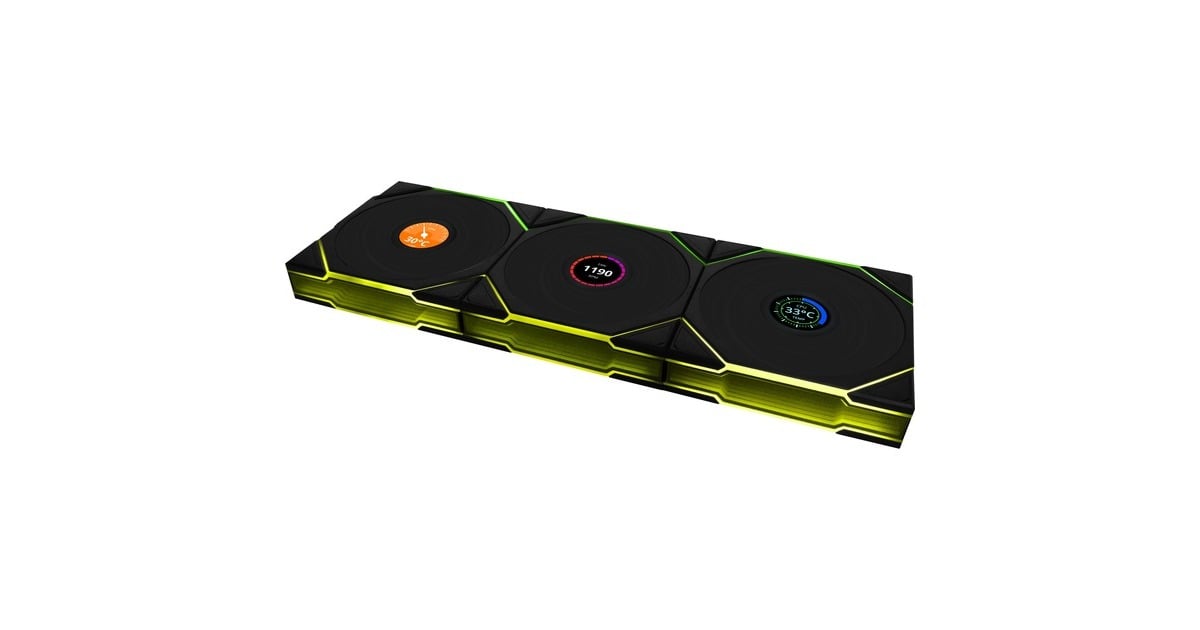Lian LiUNI FAN TL 120 LCD Wireless Reverse Blade RGB case fans  (Zwart, 3 stuks, 120 x 124 x 28 mm, PWM, 1x 9-pin USB, incl. controller)