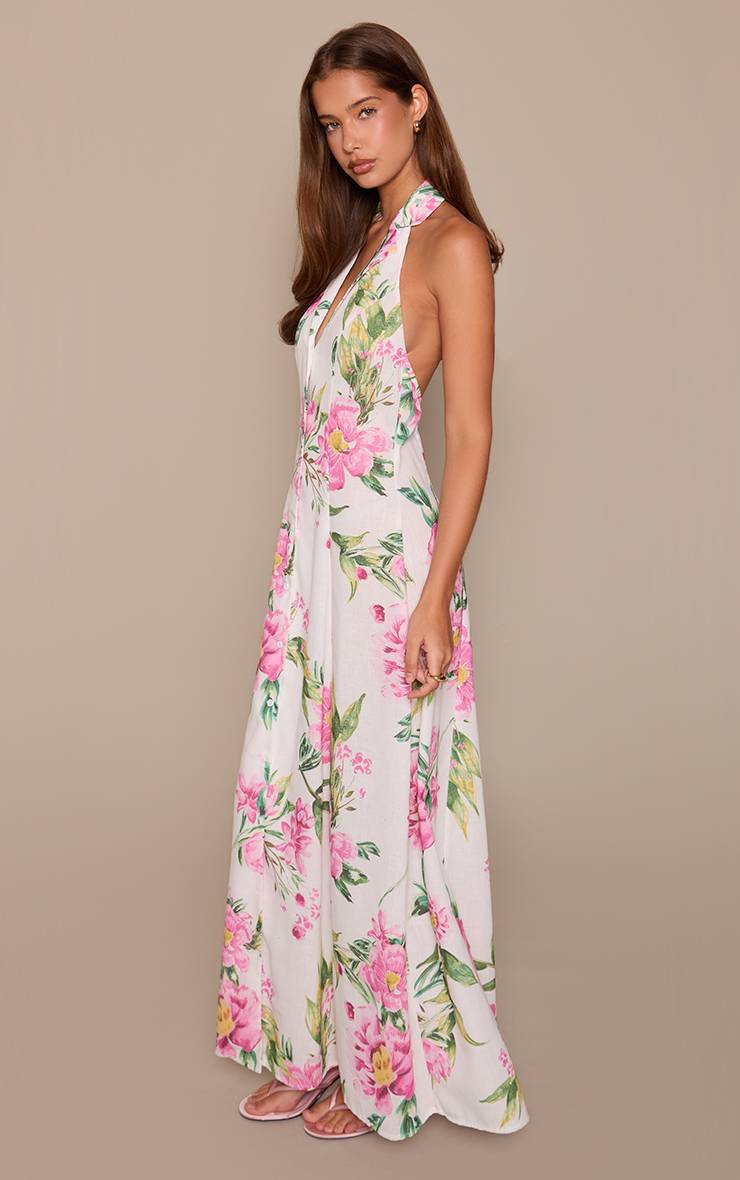 Rose Robe Longue Fleurie À Col Avec Boutonnière