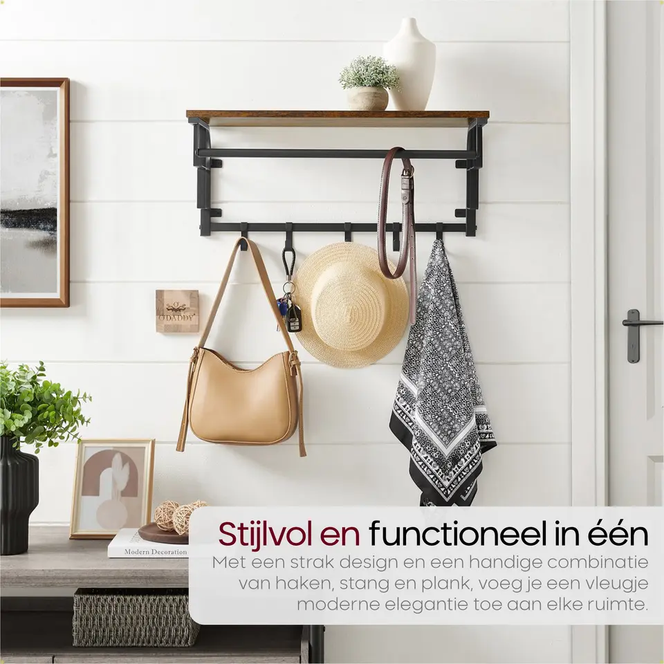 O'DADDY Wandkapstok met 5 Haken - 66x30x27 cm - Hangend - Bruin