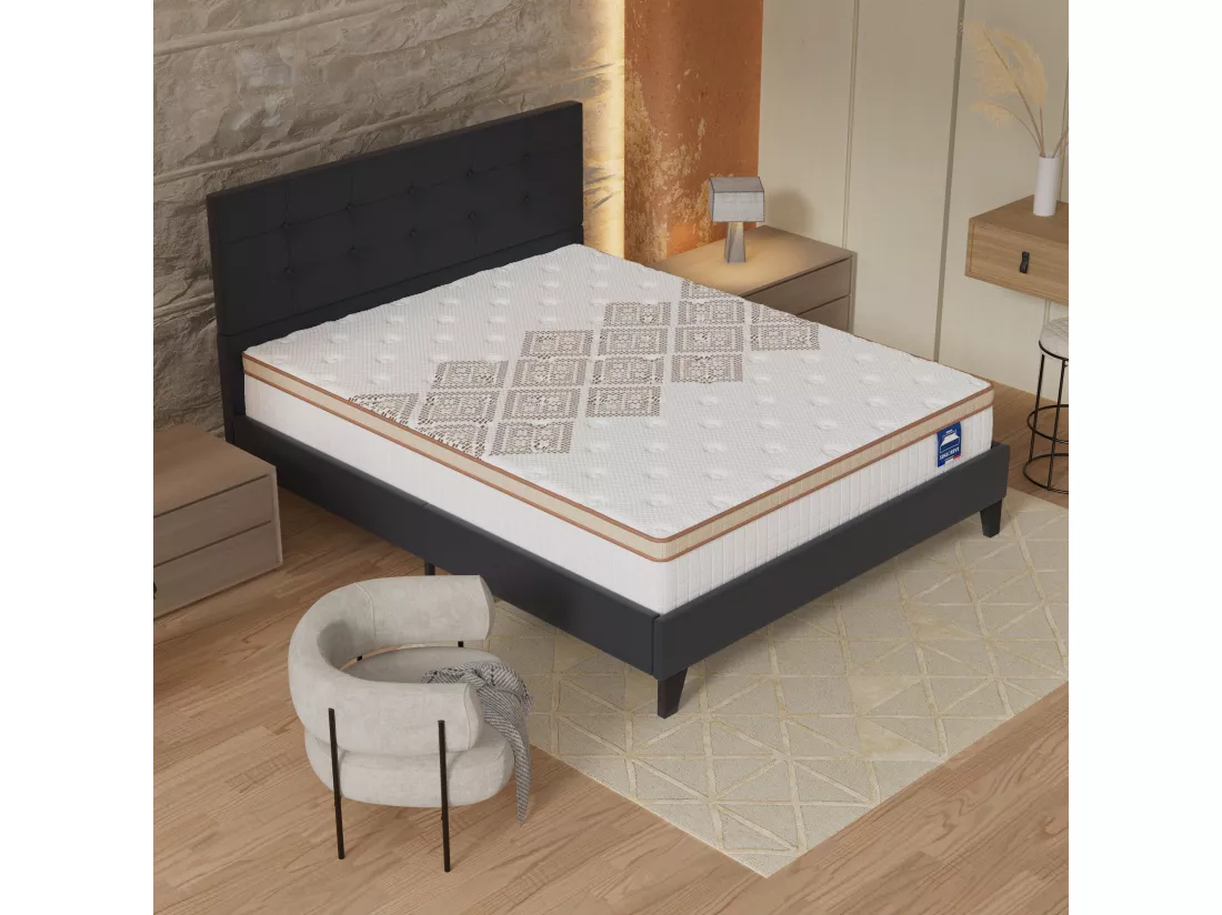Ensemble Matelas + Lit Avec Tête De Lit 160x200 Cm, Errakis 28cm D’épaisseur Mousse Haute Densité