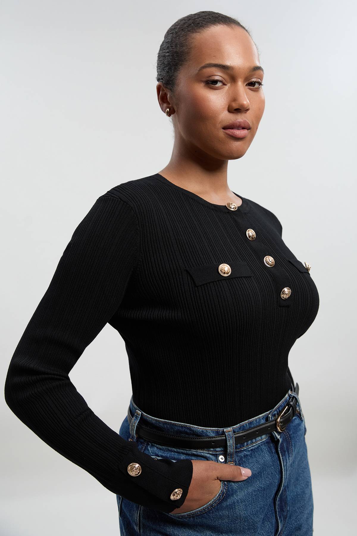 KarenMillen Haut en Maille Côtelée Manches Longues Grande Taille avec Finitions Militaires