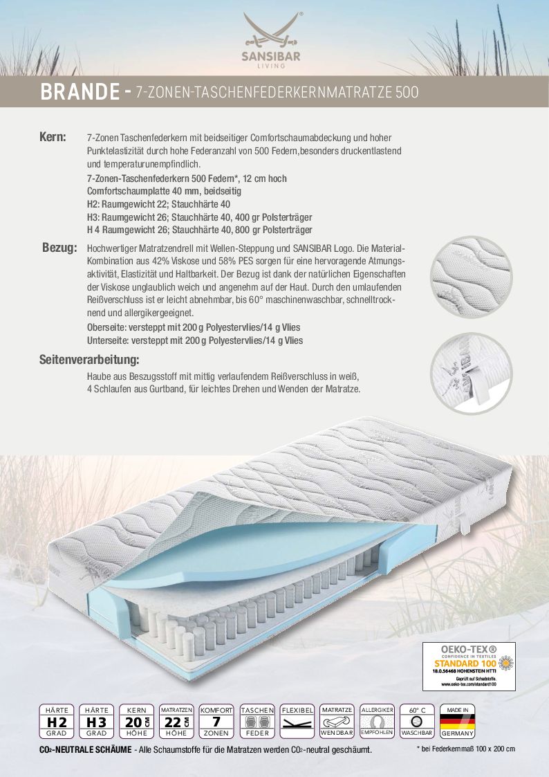 Taschenfederkernmatratze SANSIBAR BRANDE 160X200cm H2\/H2