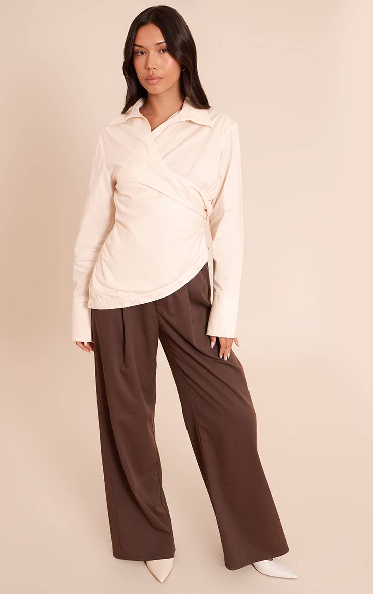 Crème Chemise À Manches Longues À Rayures Fines Avec Détail Froncé Et Drapé