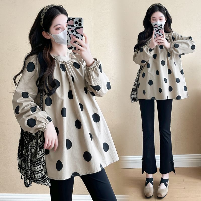 NEUF - Zwangerschapsblouse met lange mouwen, ronde hals en stippen