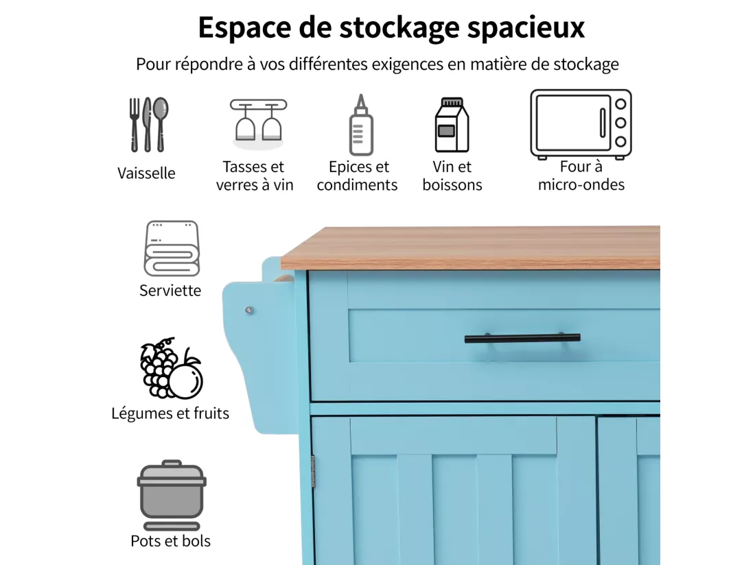 Desserte de cuisine, Chariot de table 129x76x91,5cm, plateau rabattable, étagères intérieures, îlot de cuisine, blanc + bleu