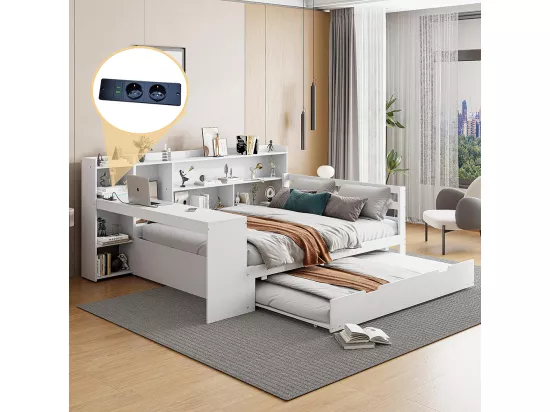 Lit gigogne 140x200 avec bureau étagères compartiments de rangement et étagères avec prises de courant lit double en bois Blanc
