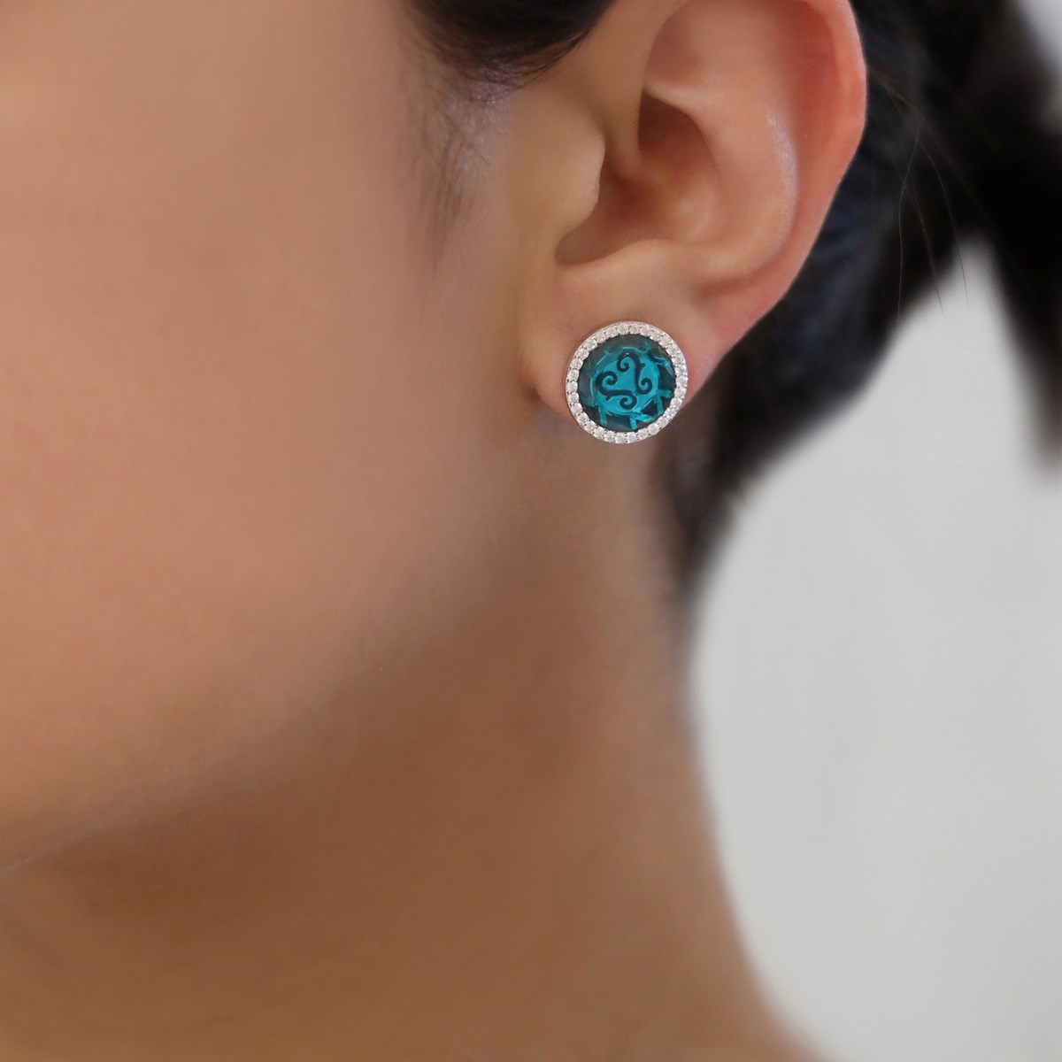 Boucles D'oreilles Disque Argent Pierre Bleu Azur